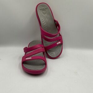 Crocs Patricia Wedge Sandals Pink Grey Multi-Strap Comfort Slides Womens 2 Inch